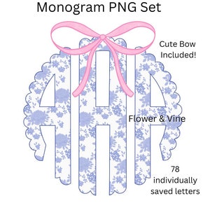 Monograma de peônias azuis PNG Monograma de laço coquete PNG Monograma floral de primavera Monograma de casamento Monograma de Páscoa Monograma Grand Millennial