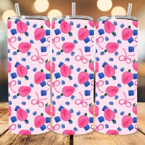 Watercolor Strawberries Tumbler Wrap Coquette Strawberries Bows Tumbler Wrap PNG 20oz Skinny Straight Tumbler Design Seamless