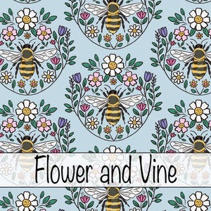 Bee Floral on Blue on Seamless File, Bees Seamless Files Bee Spring Seamless Pattern Digital Paper
