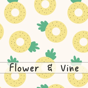 May include: A repeating pattern of yellow donut-shaped designs with black dots and green leafy accents on a cream background. The text "Flower & Vine" is displayed in a horizontal banner across the image.