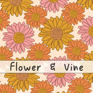 May include: A repeating pattern of stylized flowers in shades of orange, pink, and gold on a cream background. The flowers have a retro design with dark outlines and textured centers. The text "Flower & Vine" is displayed in a white banner across the bottom.