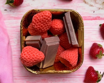 Strawberries and chocolate bar squares wax embeds, realistic embeds, faux food, wax embeds, valentine wax embeds.