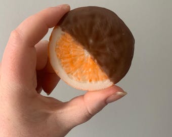 Chocolate Dipped Orange Slices Wax Embeds, desert embeds, faux food, realistic embeds, wax embeds, chocolate embeds, fruit embeds