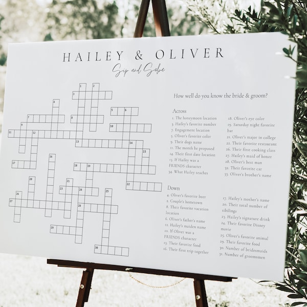 Custom Wedding Crossword Extra Large Minimalist Sip and Solve Puzzle, Sip And Solve For Wedding, Boho Wedding Game Crosswords - Rome