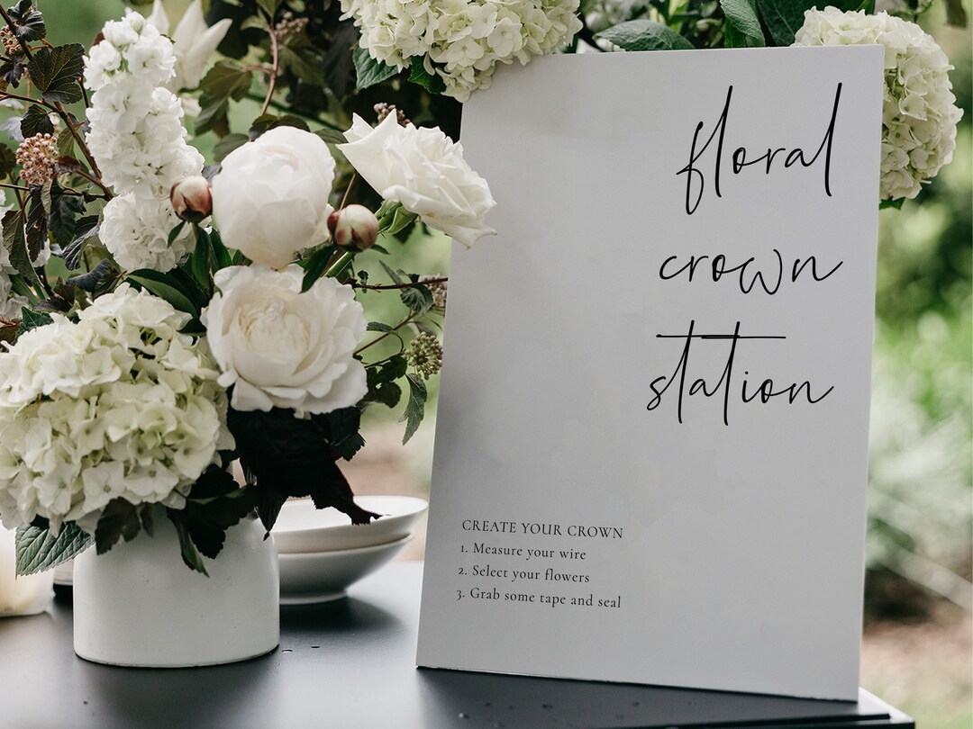 Minimalist Flower Crown Station Sign, Boho Wedding Floral Crown Bar