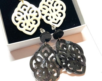 Statement earrings large baroque ornament baroque boho creoles stud earrings or hoops black beige stainless steel studs suitable for allergy sufferers