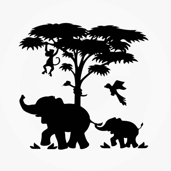 Safari SVG, svg animaux de la jungle, svg animaux sauvages, Éléphant, Arbre, Singe, Oiseaux, Bébé éléphant, jungle svg Tree svg