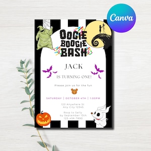 Può includere: Un invito a tema Halloween con il testo "Oogie Boogie Bash" e "Jack compie un anno!" Il design include illustrazioni di una zucca, pipistrelli e personaggi di Nightmare Before Christmas. Sono inclusi anche data e ora.