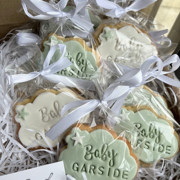 Baby shower biscuit favours - new baby on the way cookies - gender reveal cookies - cloud biscuits - baptism - personalised individual gifts