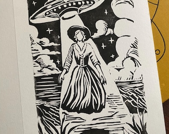 Handmade UFO Print | Wall Art or Greeting Card | 5” x 7” |  Linocut Print