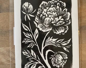 Handmade Peony Print | Wall Art or Greeting Card | 5” x 7” |  Linocut Print