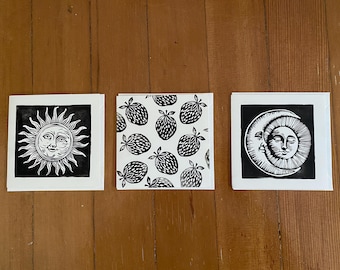 Handmade Art Print | Sun and Moon, Sun, or Strawberries | Wall Art or Greeting Card | 5” x 5” |  Linocut Print