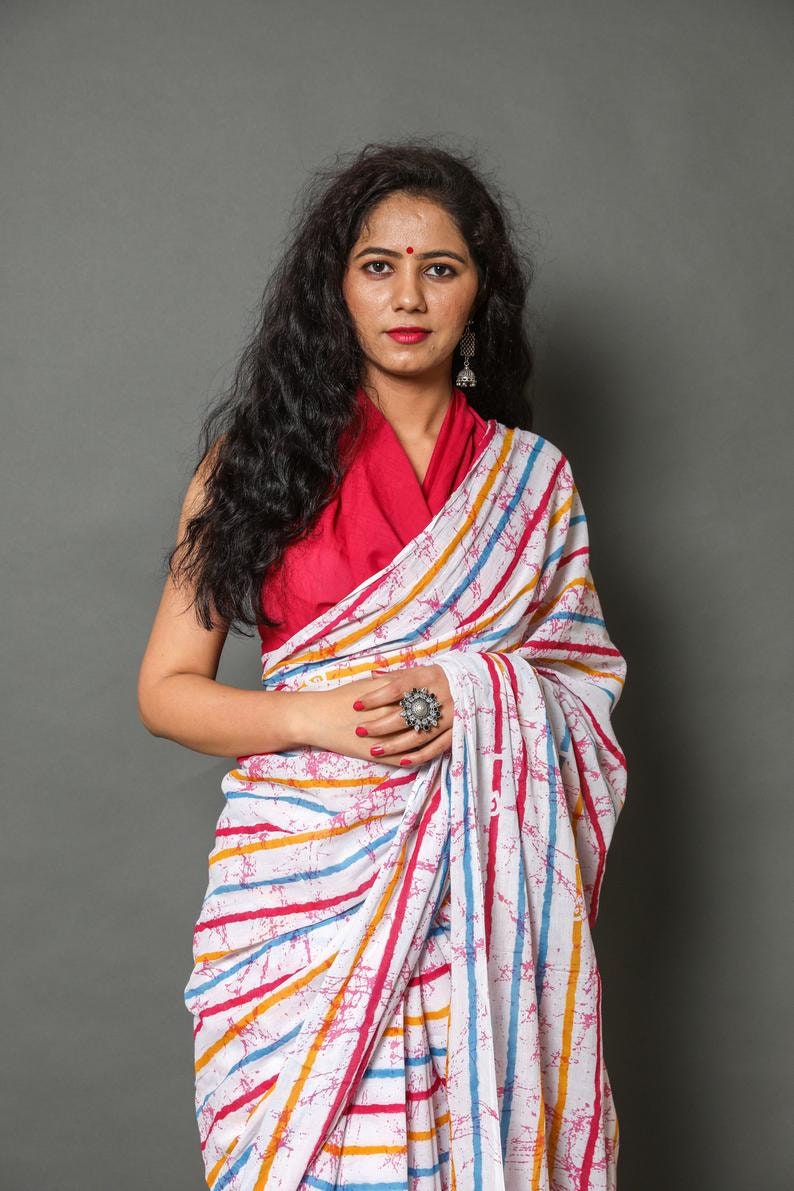 Designer Pure Cotton Malmal Saree for Women and Girls||Cotton Saree||Stitched Saree||Sari||Designer Sari||Bagru Print Saree||Printed Saree