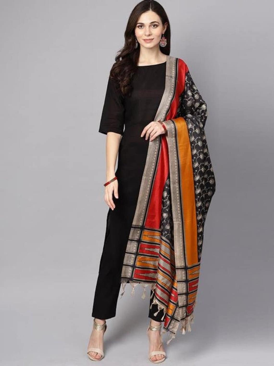 Black Cotton Kurti Pant With Dupatta Set For Women & | Etsy