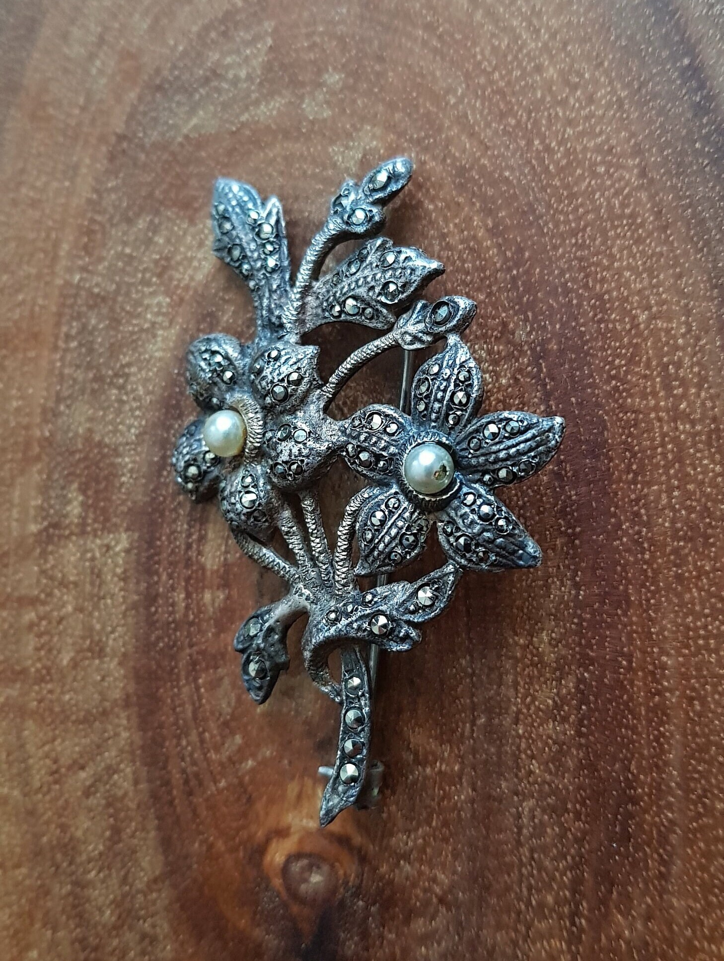 Broche Florale Vintage En Argent Et Marcassites - Style Début 1900 - Occasion