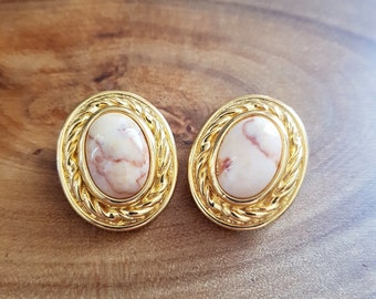 David Grau gold tone natural stone clip on earrings 1990s