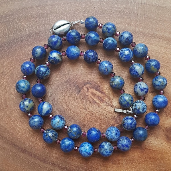 Sodalite and faceted garnet necklace with coffee bean sterling silver box closure