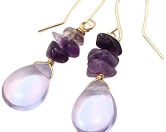 Amethyst Gemstone Chip Earrings with Lavender Czech Glass Drops 1.1 in. 14 KT GF Ear Wires