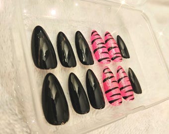 Hand Painted Neon Pink Zebra Long Almond Press-On Nails ~ Set of 12 2000s Scene Nails