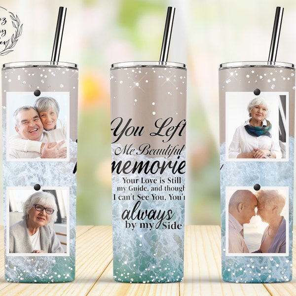 Beach Memorial Photo Tumbler, 20oz Skinny Tumbler Sublimation Designs, Straight Tapered Tumbler Wrap, PNG Digital Download