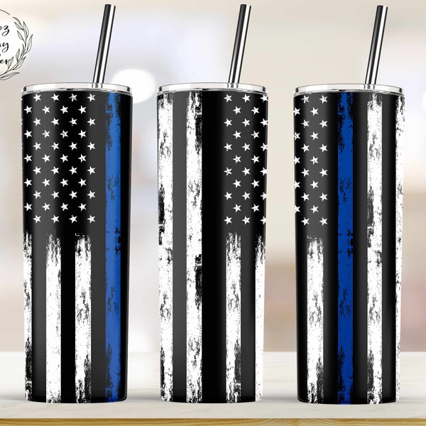 American Flag Thin Blue Line, 20oz Straight Tumbler Design Template for Sublimation, Full Tumbler Wrap - PNG Digital Download