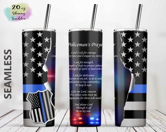 Policeman's Prayer Back The Blue Tumbler, 20oz Skinny Tumbler Sublimation Wrap Designs Template - PNG Digital Download