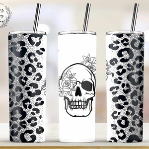 Skull Silver Glitter Leopard Print Sublimation Design, 20oz Skinny Tumbler Wraps Templates, Straight and Tapered - PNG Instant Download