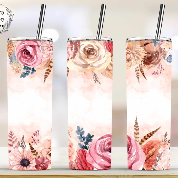 Boho Flowers Watercolor Sublimation, 20oz Skinny Tumbler Wrap Designs Template, Boho Floral Tumbler Wrap - PNG Instant Download