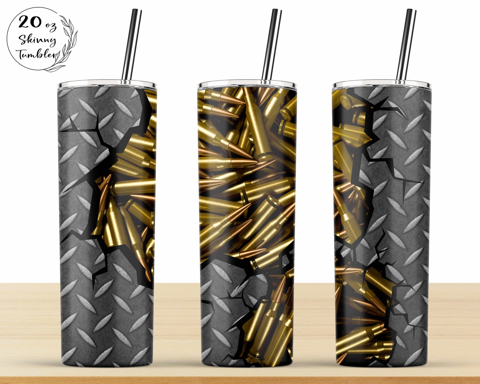 Cracked Ammo Rifle Bullets Dark Metal Grunge Tumbler, 20oz Skinny