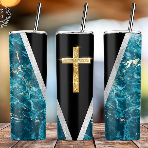 Turquoise Cross, Gold Cross,  Christian Tumbler  Marble, 20 oz Skinny Tumbler Sublimation Template, Straight & Taper - PNG Digital Download