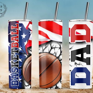Basketball Dad Tumbler, 20oz Skinny Tumbler Sublimation Designs, American Flag Fathers Day Design Straight Tapered Wrap PNG Digital Download