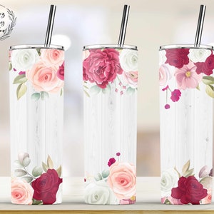 Floral Tumbler, Rose, Bridesmaid Tumbler 20oz Skinny Tumbler Sublimation Wrap Designs Template Straight & Tapered - PNG Instant Download