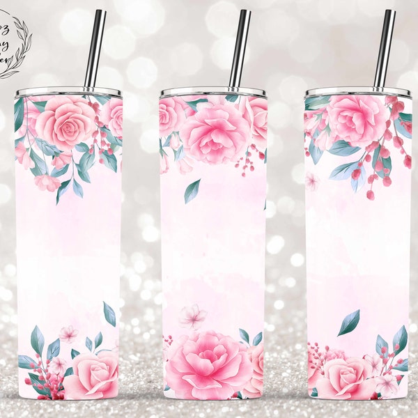 Rose Pink Floral Tumbler, Bridesmaid Tumbler 20oz Skinny Tumbler Sublimation Wrap Designs Template Straight & Tapered - PNG Instant Download