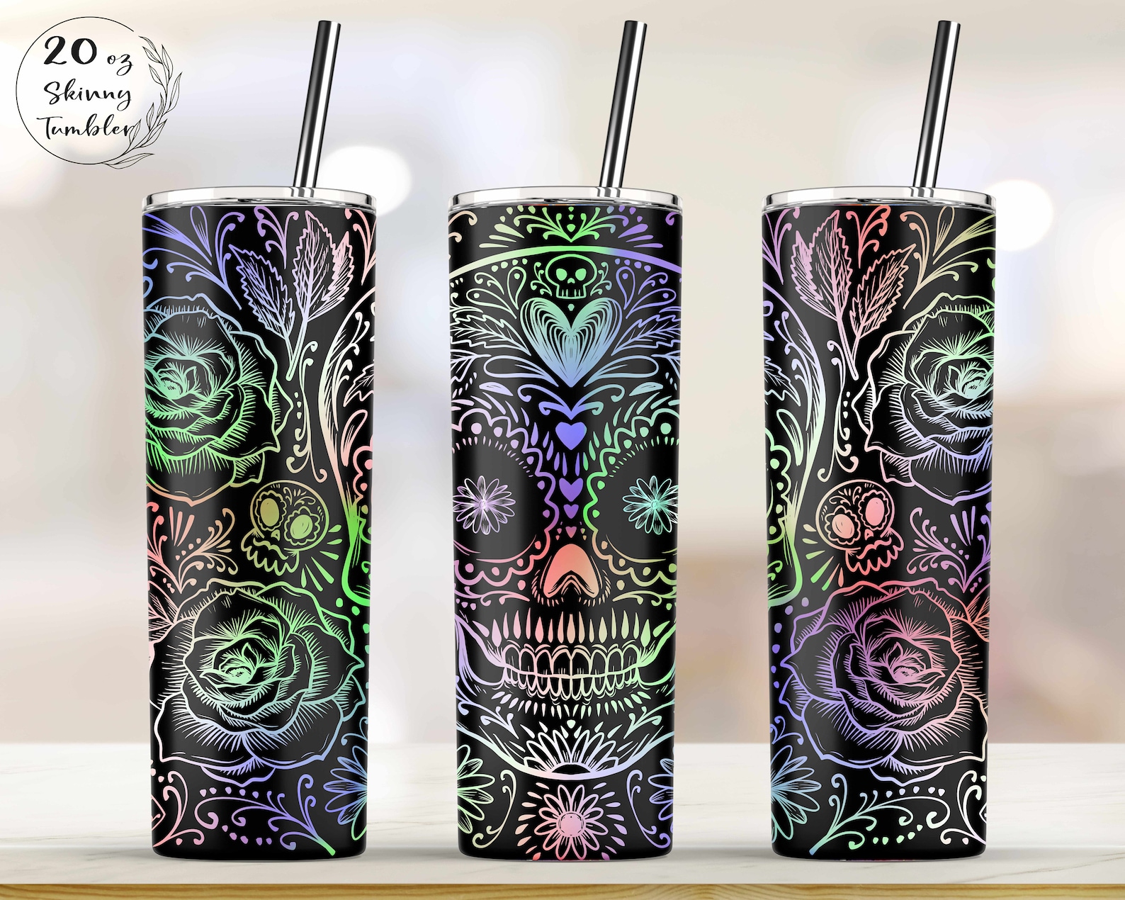 20 Oz Skinny Tumbler Floral Sugar Skull Design for Sublimation Etsy