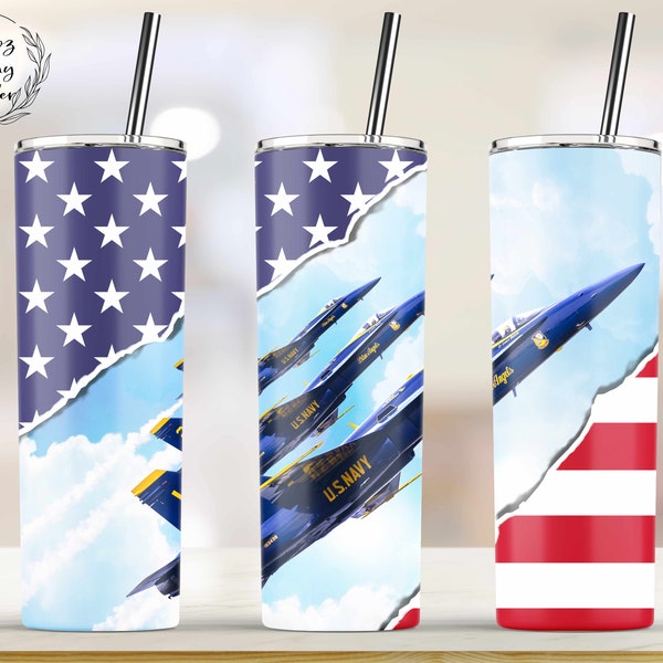 Blue Angels | Fighter Jet US Flag Tumbler, 20oz Skinny Sublimation Full Tumbler Wrap, Military Design - PNG Instant Download