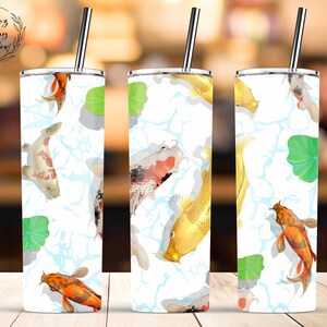 Golden Koi Carp Tumbler, Fish Swimming, 20oz Skinny Tumbler Sublimation Wrap Designs Template - PNG Instant Download