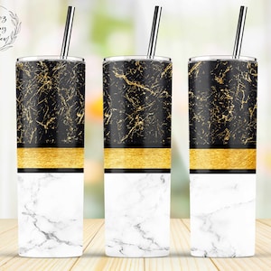 20 oz Skinny Tumbler Black Gold, Gold Leaf, Carrara Marble Glitter Sublimation Design Template, Straight & Taper - PNG Digital Download