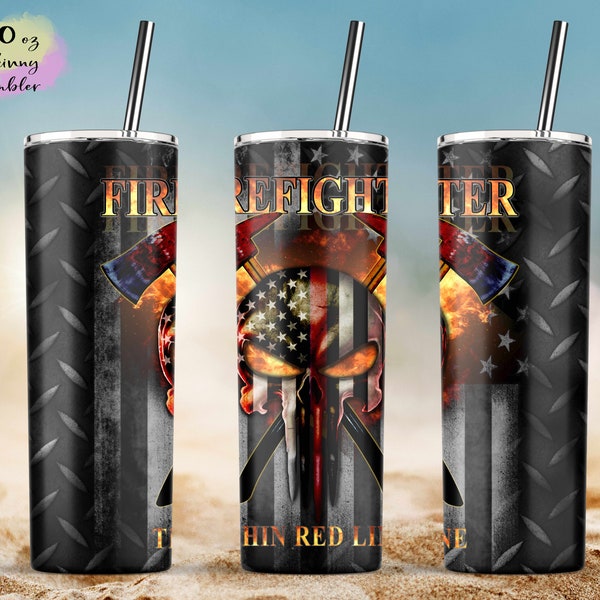 Firefighter Skull Thin Red Line Flag 20oz Skinny Tumbler Sublimation Designs Template Full Wrap PNG Download