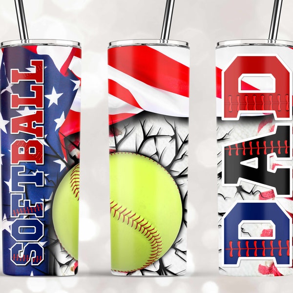 Dad Softball American Flag - Fathers day Tumbler, 20oz Skinny Tumbler Sublimation Designs, Straight Tapered Wrap - PNG Digital Download