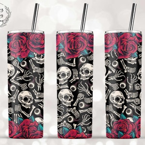 Day of dead, Skull, Rose Sublimation Design, 20oz Skinny Tumbler Wraps Templates, Straight and Tapered - PNG Instant Download