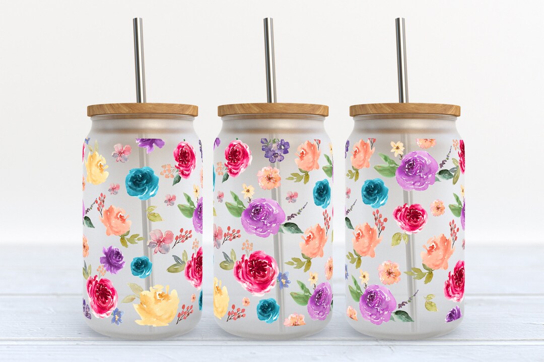 Flowers 16 Oz Libbey Glass Can Tumbler Sublimation Design - Digital ...