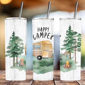 Happy Campers Vintage Retro Trailer Design, 20 oz Skinny Tumbler Sublimation Design Template, Straight & Taper - PNG Digital Download