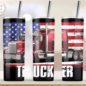 American Trucker Tumbler, 20oz Straight Tumbler Design Template for Sublimation, Full Tumbler Wrap - PNG Digital Download