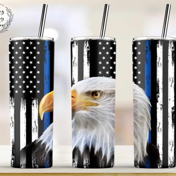 Back the Blue Eagle Flag Sublimation Designs Downloads - Skinny Tumbler 20oz Design Police blue line, Cop Tumbler wrap, PNG Instant Download