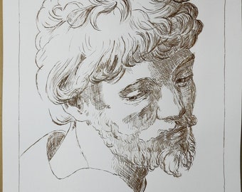 Head of the apostle, portrait made in pen after a drawing by Raphael.