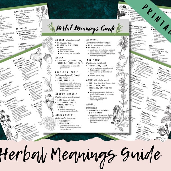 Herbal Magic Guide Printable Grimoire Pages, Wiccan Herbs Cheat Sheet for Book of Shadows