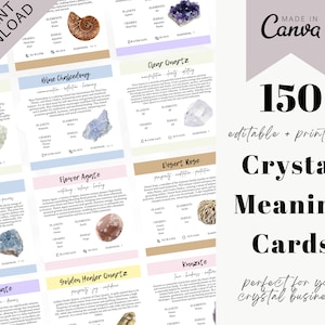 150 Editable Crystal Meaning Cards, Printable Gemstone Business Shop Package Inserts Healing Stones Chakra Metaphysical Healing Digital Post