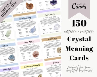 150 Editable Crystal Meaning Cards, Printable Gemstone Business Shop Package Inserts Healing Stones Chakra Metaphysical Healing Digital Post