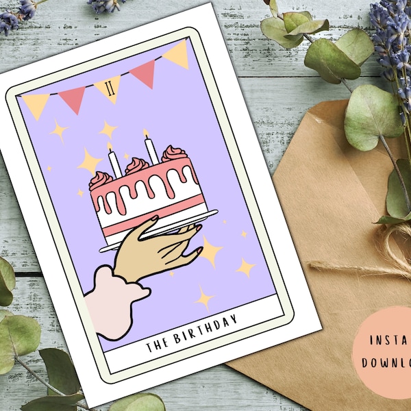 Tarjeta de cumpleaños del tarot imprimible, tarjeta de cumpleaños de bruja