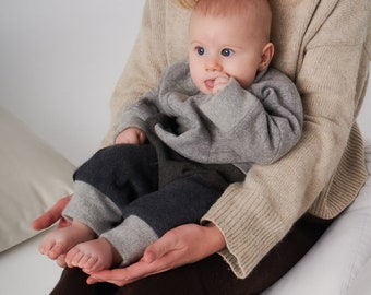 Upcycled Cashmere Baby Suit for baby’s 3-9 months, Pure Cashmere Romper, Beige and Pink Overall, Zipped Footless Romper